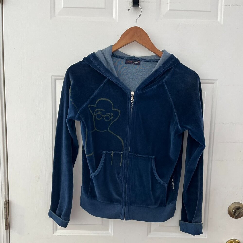 Lady Desigual Woman's Blue Velvet Velour Zip-Up Track Suit Top Hoodie Sz Med